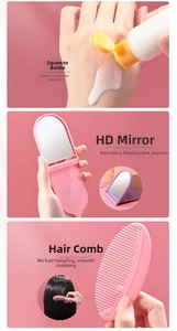 Pink travel set detail showing squeeze bottle, folding mirror and hair comb accessories