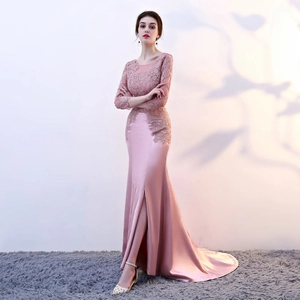 Detailed pink lace embroidery and sleek satin mermaid skirt with high leg slit