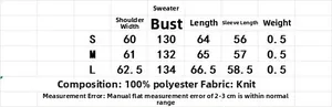Size chart for women's cable knit sweater with shoulder, chest, and length measurements