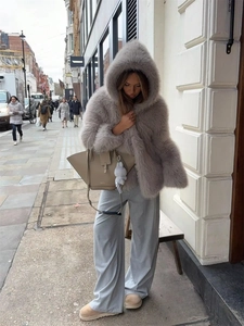 Women Faux Fur Hooded Coat Long Sleeve Beige Grey Plush Warm Winter Jacket Fashion Zipper Outerwear