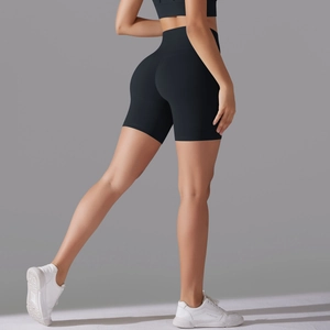 Close-up showing the seamless back and push-up effect of black high-waist yoga shorts
