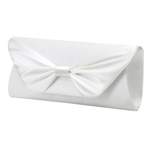 Elegant white satin evening clutch bag with minimalist butterfly bow pleated design