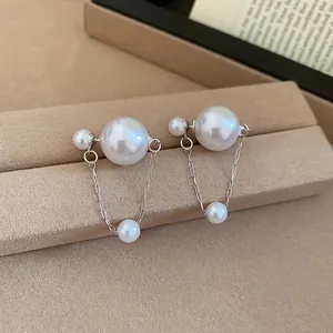 Elegant silver pin pearl drop earrings with triple white round pearls and minimalist chain