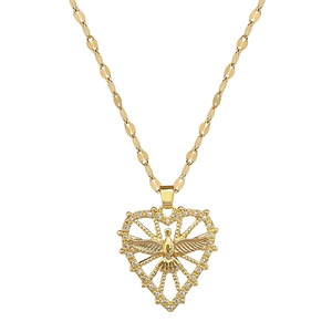 Luxurious gold heart necklace with phoenix wings and pavé diamonds on white background