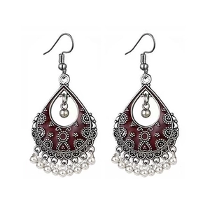Vintage bohemian drop earrings in antique silver and wine red enamel finish
