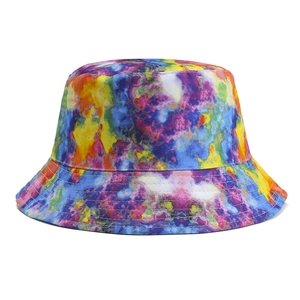 Detail of colorful tie-dye bucket hat with reinforced stitching on the brim