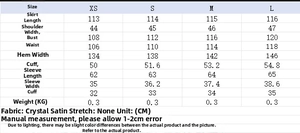 Tableau des tailles détaillé pour chemise longue asymétrique avec mesures en CM du XS au L