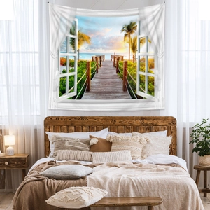 Detail of 3D window view tapestry showing tropical beach sunset in a cozy bedroom