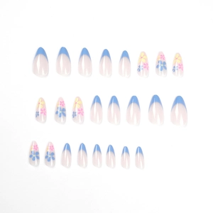 French blue tipped almond press-on nails featuring delicate colorful flower patterns