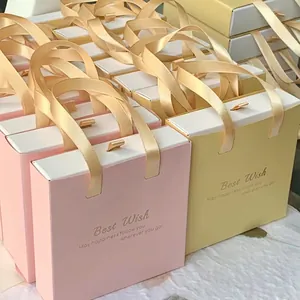 Boîtes cadeaux roses et jaunes avec anses en soie et dorure Best Wish élégante