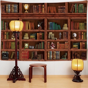 Detailed view of 3D bookshelf tapestry with vintage books and retro decor for room wall