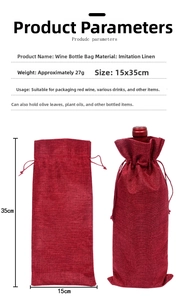 Linen wine bottle bag with double drawstring closure, 15x35cm dimensions and dark red color