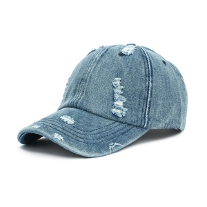 Casquette de baseball en jean délavé vintage avec détails déchirés et design 6 pans