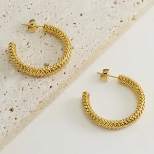 Hoop Earrings Stainless Steel 18K Gold Plated Threaded Twisted Rope C Shape Geometric Minimalist Fashion Jewelry Women