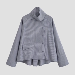 Women Long Sleeve Plaid Blouse Polyester Stand Collar Asymmetric Button Loose Casual Shirt With Side Pocket Curved Hem Fashion