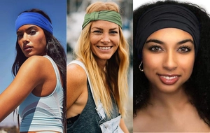 Detailed knit texture of elastic headbands shown in blue, green, and black on models