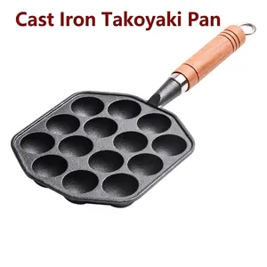 Padella Takoyaki In Ghisa Griglia Per Polpette Di Polpo Antiaderente Utensili Da Cucina E Manico In Legno