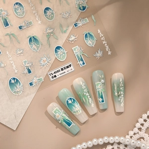 3D embossed floral nail stickers featuring teal and white Epiphyllum motifs in Chinese style