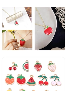 Detailed grid of enamel fruit pendants including strawberry and apple jewelry charms