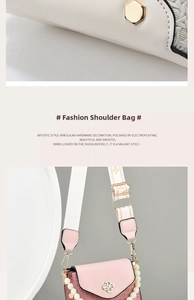 Detail of pink shoulder bag with pearl chain, clover clasp and woven texture