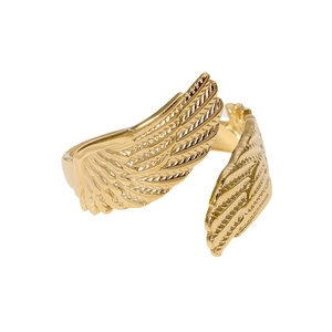 Golden angel wing open ring in stainless steel with detailed feather texture