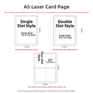 Detailed size chart for A5 laser refill pages showing dimensions for card pockets