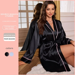 Women Satin Satin-Like Robe Long Sleeve V-Neck Belted Loungewear Nightwear With Contrast Piping For Sleepwear