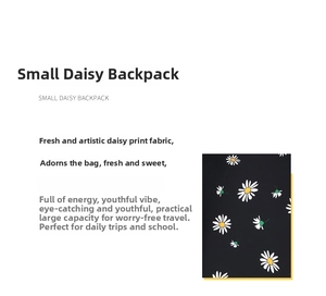 Detailed view of daisy print fabric and high capacity storage of the school backpack