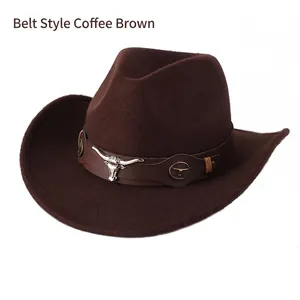 Detail of coffee brown wool felt cowboy hat with leather band and silver bull head icon