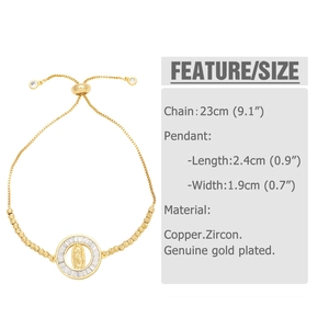 Detailed view of Virgin Mary charm bracelet with adjustable slider and product dimensions