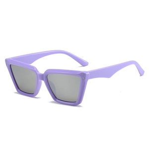 Purple rectangular sunglasses with dark lenses and stylish metal rivet details on frame