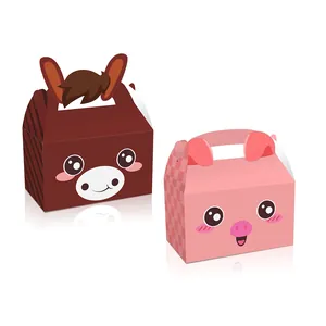 Farm animal themed party gift boxes featuring cartoon pig and donkey paper designs
