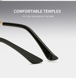 Macro view of ergonomic glossy black temples designed to fit ear contours comfortably