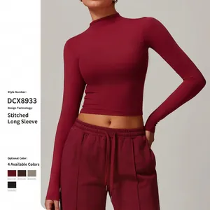Women High Neck Long Sleeve Yoga Top Quick Dry Slim Fit Sports Shirt Nylon Spandex Solid Color Fitness Gym Workout Top