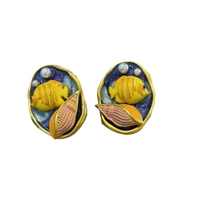 Enamel ocean theme earrings with yellow tropical fish and pink shells for women