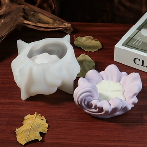 Wavy DIY silicone candle mold with finished lilac flower shaped scented candle