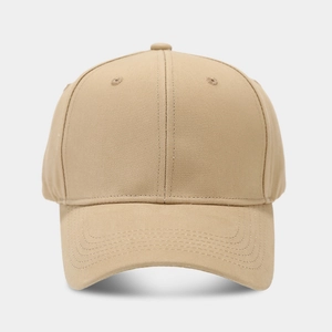 Detailed view of khaki cotton twill baseball cap showing reinforced stitching and eyelets