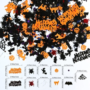 Detailed size specifications for Halloween confetti shapes including pumpkins and spiders