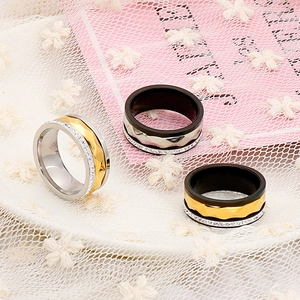 Polished stainless steel geometric rings with sparkling rhinestones in silver, gold, and black