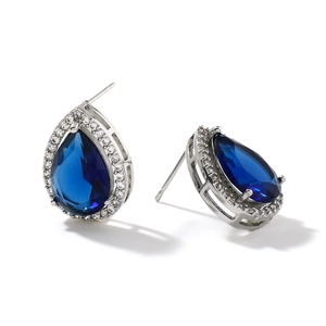 Boucles d'oreilles gouttes en zircon bleu profond avec base argentée et halo blanc
