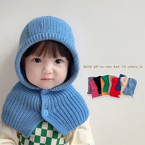 Kids Knitted Balaclava Hat Scarf Integrated Ear Protection Warm Winter Beanies With Buttons For Toddlers