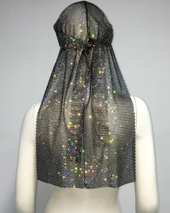 Close-up of black mesh durag featuring multi-color rhinestones and long tail band
