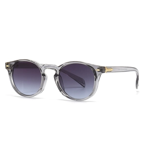 Retro round transparent gray sunglasses with gradient purple lenses and gold accents