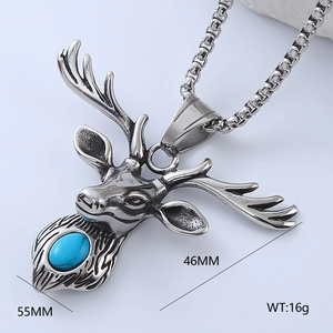 Stainless steel stag head pendant necklace with a blue gemstone inlay and antique silver finish