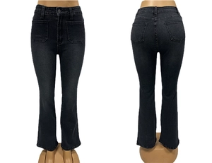Detailed front and back view of high-waisted black flared jeans with four-pocket design