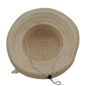 Detail view of the sun hat interior with adjustable windproof strap and sweatband