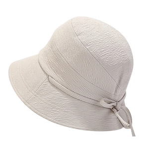 Elegant beige sun hat with bow tie and ripple texture, foldable summer bucket hat