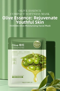 Detail of 30g moisturizing olive sheet mask packaging with deep hydration properties