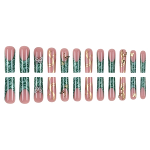 French green marble press-on nails with luxury gold butterfly and 3D rhinestone accents