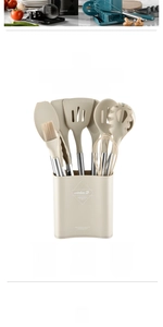 Detail of 13pc silicone kitchen utensil set showing high heat resistance from -40 to +230C